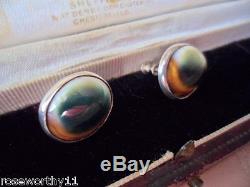 Antique Vintage Sterling Silver Old Earrings Cat's Eye Operculum Shell Ear Ring