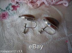 Antique Vintage Sterling Silver Old Earrings Cat's Eye Operculum Shell Ear Ring