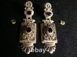 Antique Vintage Victorian Etruscan Revival Sterling Earrings with Red Gemstones