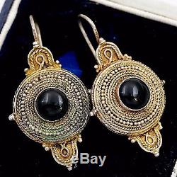 Antique Vintage Victorian Sterling Silver Etruscan Grand Tour Onyx Earrings