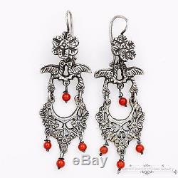 Antique Vintage Victorian Sterling Silver Mediterranean Coral Dove Earrings