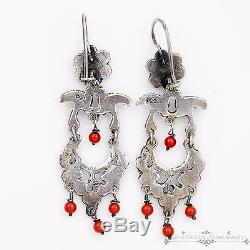 Antique Vintage Victorian Sterling Silver Mediterranean Coral Dove Earrings
