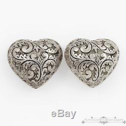 Antique Vintage Victorian Sterling Silver Puffy Repousse Heart Estate Earrings