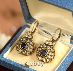 Antique Women Vintage Geometric Drop Dangle Earrings Style 1920s Blue Sapphire