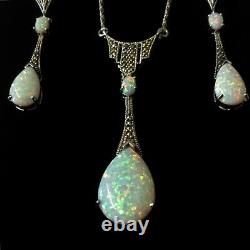 Antique style Sterling Silver Opal Marcasite Peardrop Necklace & Earrings Set