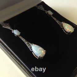 Antique style Sterling Silver Opal Marcasite Peardrop Necklace & Earrings Set