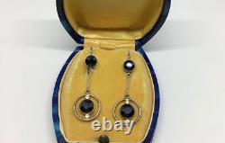 Art Deco Vintage 925 Sterling Silver Dangle Earrings Lab Created Black Onyx