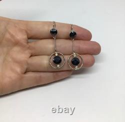 Art Deco Vintage 925 Sterling Silver Dangle Earrings Lab Created Black Onyx