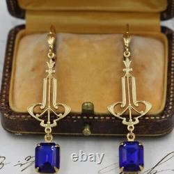 Art Deco Vintage 925 Sterling Silver Dangle Earrings Lab Created Blue Sapphire