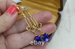 Art Deco Vintage 925 Sterling Silver Dangle Earrings Lab Created Blue Sapphire