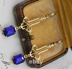 Art Deco Vintage 925 Sterling Silver Dangle Earrings Lab Created Blue Sapphire