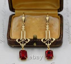 Art Deco Vintage 925 Sterling Silver Long Dangle Earrings Lab Created Red Ruby