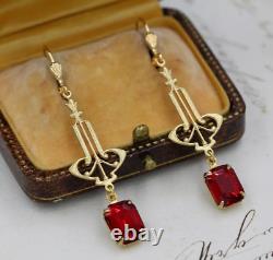 Art Deco Vintage 925 Sterling Silver Long Dangle Earrings Lab Created Red Ruby