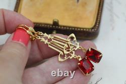 Art Deco Vintage 925 Sterling Silver Long Dangle Earrings Lab Created Red Ruby