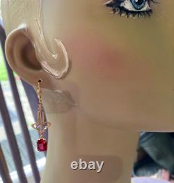 Art Deco Vintage 925 Sterling Silver Long Dangle Earrings Lab Created Red Ruby