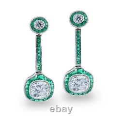 Art Deco Vintage Style Lab Created Diamond Cushion Drop Dangle Silver Earrings