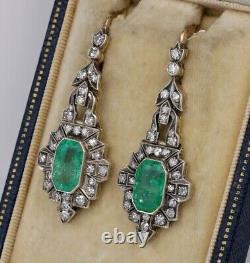 Art Deco Vintage Style Lab Created Emerald Wedding 14K White Gold FN Earrings