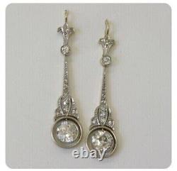 Art Deco Vintage Style Round Diamond Drop Dangle Earrings 14K White Gold Finish