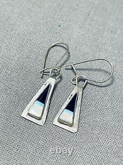 Attractive Vintage Navajo Jet Turquoise Mother Of Pearl Sterling Silver Earrings