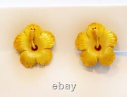 Authentic 40s Vintage Hawaiian Hibiscus Carved Flower Earrings Sterling Clip On