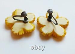 Authentic 40s Vintage Hawaiian Hibiscus Carved Flower Earrings Sterling Clip On