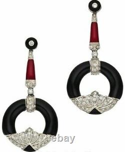 Awesome Art Deco Design With Black Onyx, Red Ruby & Old White CZ Vintage Earring