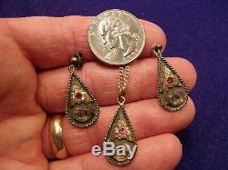 Awesome Vtg Antique Sterling Silver, Rose Gold & Ruby Earrings-pendant-necklace