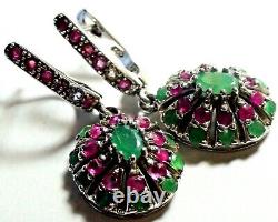 BEAUTIFUL! 47.75 ct NATURAL EMERALD, RUBY EARRINGS VINTAGE 925 STERLING SILVER