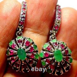 BEAUTIFUL! 47.75 ct NATURAL EMERALD, RUBY EARRINGS VINTAGE 925 STERLING SILVER