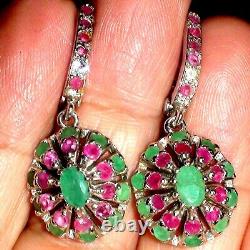 BEAUTIFUL! 47.75 ct NATURAL EMERALD, RUBY EARRINGS VINTAGE 925 STERLING SILVER