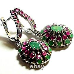 BEAUTIFUL! 47.75 ct NATURAL EMERALD, RUBY EARRINGS VINTAGE 925 STERLING SILVER