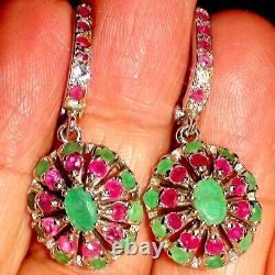 BEAUTIFUL! 47.75 ct NATURAL EMERALD, RUBY EARRINGS VINTAGE 925 STERLING SILVER