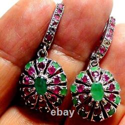 BEAUTIFUL! 47.75 ct NATURAL EMERALD, RUBY EARRINGS VINTAGE 925 STERLING SILVER