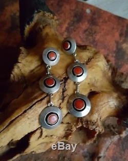 BIG Vintage Native American NAVAJO Coral Sterling Silver Dangle Pierced Earrings