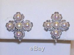 Beautiful Vintage Signed Mikimoto Sterling Silver Pearl Flower Earrings
