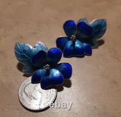 Beautiful Vintage Sterling Large Enamel Flower Earrings