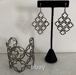 Beautiful Vintage Sterling Silver 925 Clover Cuff Bracelet Long Earrings Set