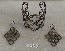 Beautiful Vintage Sterling Silver 925 Clover Cuff Bracelet Long Earrings Set