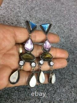 Beautiful Vtg Statement sterling Silver 925 Multi Stones Dangle Pierce earrings