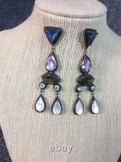 Beautiful Vtg Statement sterling Silver 925 Multi Stones Dangle Pierce earrings