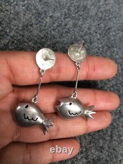 Beautiful Vtg artisan Anni Modernist Sterling Silver 925 fish Earrings