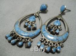 Best Vintage Zuni Navajo Lapis Inlay Sterling Silver Chandelier Earrings Old