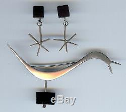 Betty Cooke Vintage Modernist Sterling Silver & Ebony Pin & Earrings Set