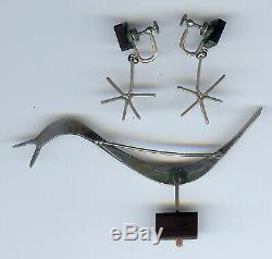 Betty Cooke Vintage Modernist Sterling Silver & Ebony Pin & Earrings Set
