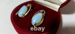 Big Antique Soviet 925 Sterling Silver & Gold 375 Moonstone Earrings Women's