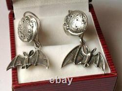 Big Antique Soviet Russian Bat Earrings Sterling Silver 925 Women's Jewelry Rare