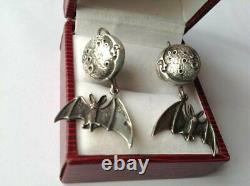 Big Antique Soviet Russian Bat Earrings Sterling Silver 925 Women's Jewelry Rare