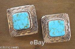 Big Vintage NAVAJO Hand Stamped Sterling Silver & TURQUOISE Clip-On EARRINGS