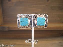 Big Vintage NAVAJO Hand Stamped Sterling Silver & TURQUOISE Clip-On EARRINGS