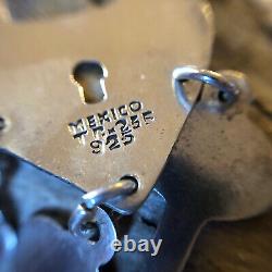 Big Vintage Taxco Sterling Silver Heart Padlock And Key Chandelier Earrings 18g